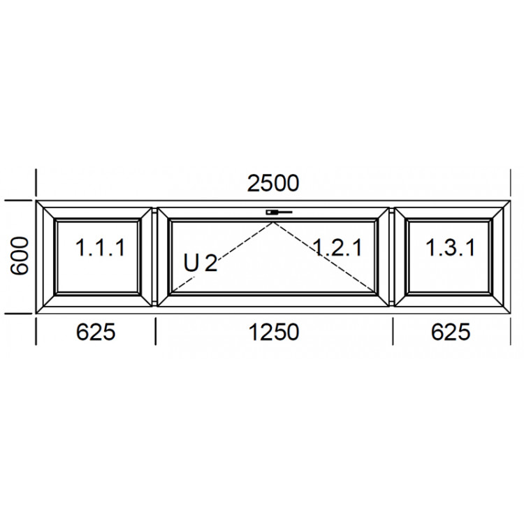 Raam PVC 2500 x 600 mm - drie vleugels