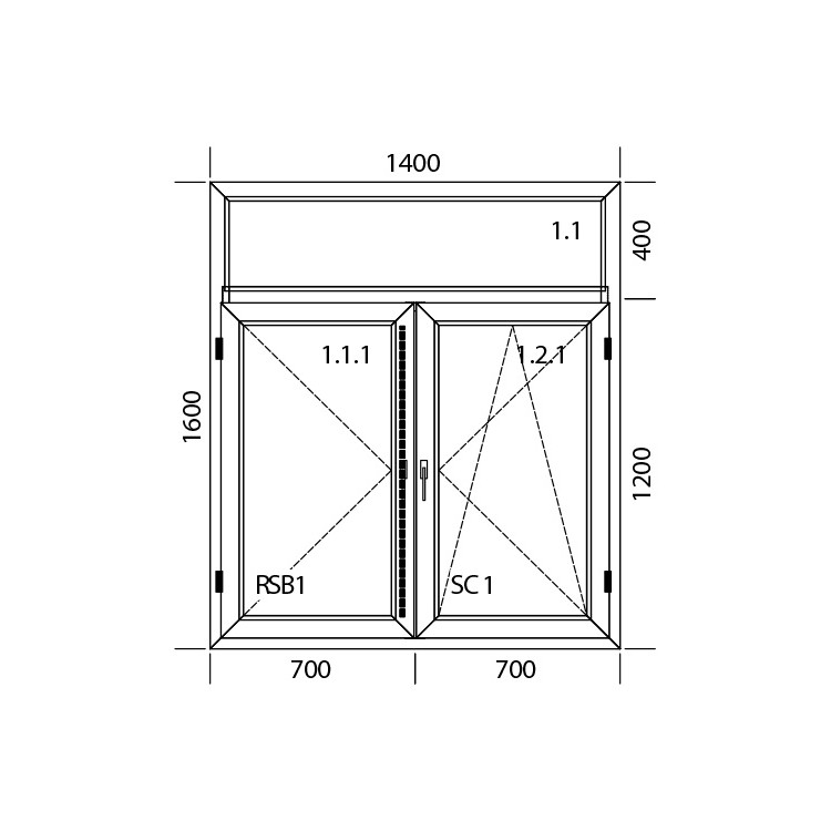 Raam PVC 1400 x 1600 mm - dubbele vleugel