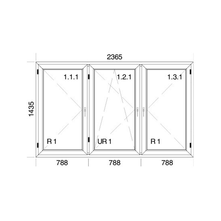 Raam PVC 2365 x 1435 mm - drie vleugels