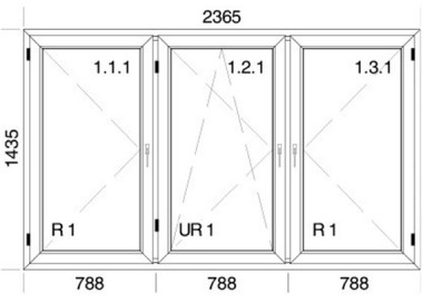 Raam PVC 2365 x 1435 mm - drie vleugels