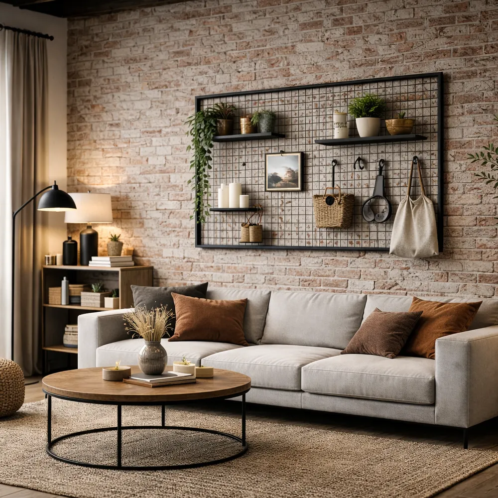 Metalen loftroosters met planten aan de wand en als vrijstaande decoratieve ruimteverdeler in een moderne woonkamer.