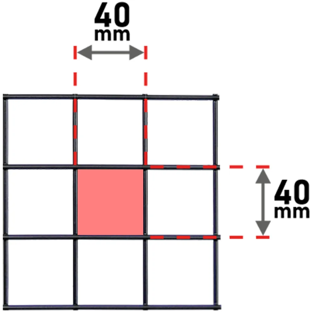 Detail van een metalen wandrooster met maas van 40 &times; 40 mm &ndash; schema dat de structuur en afmetingen van het raster toont.