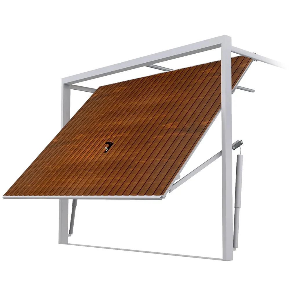 Kantelgaragepoort geopend naar boven met zichtbaar stalen frame en hefmechanisme.