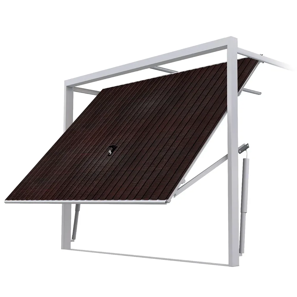 Kantelgaragepoort geopend naar boven met zichtbaar stalen frame en hefmechanisme.