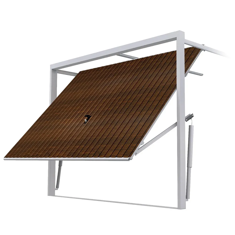 Kantelgaragepoort geopend naar boven met zichtbaar stalen frame en hefmechanisme.