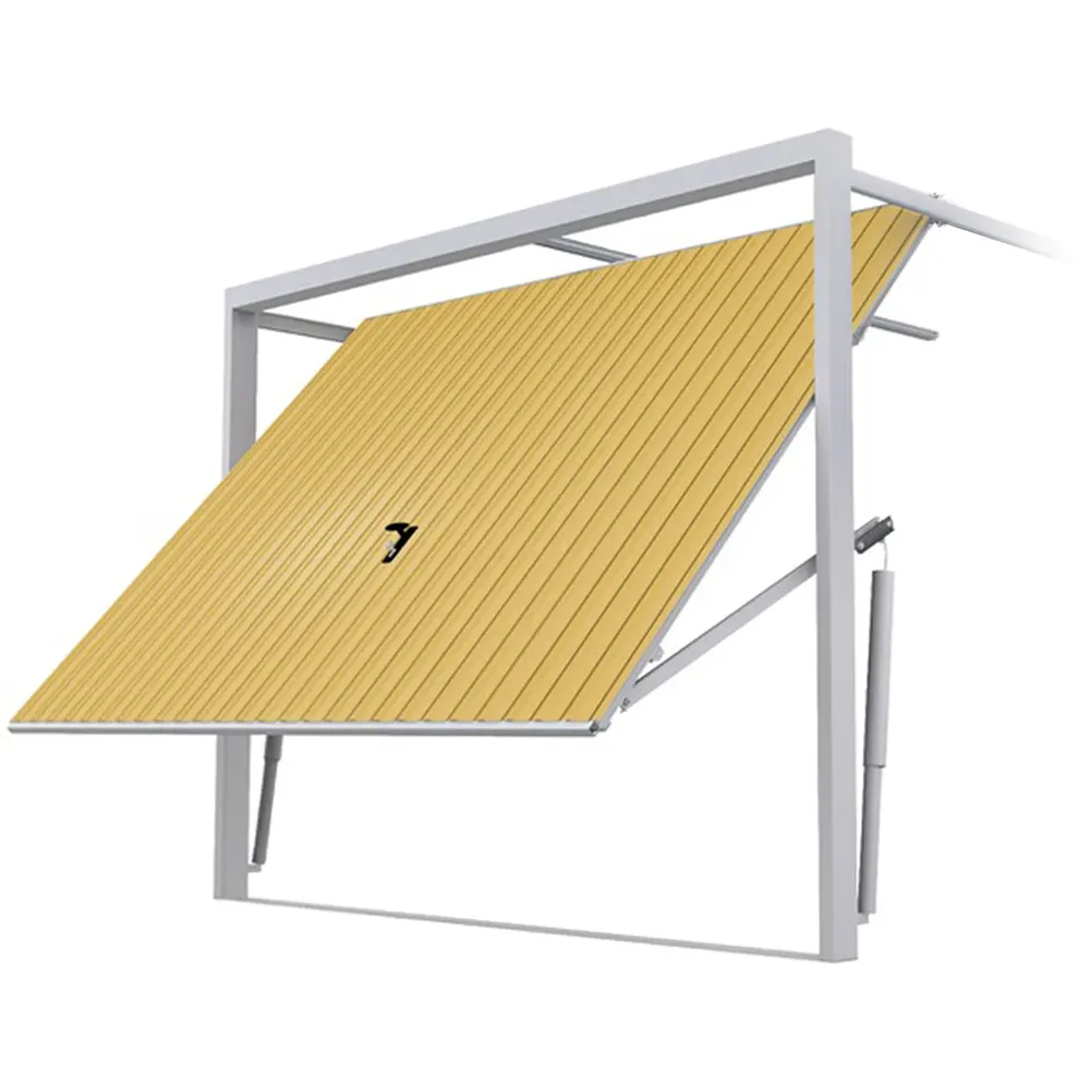 Kantelgaragepoort geopend naar boven met zichtbaar stalen frame en hefmechanisme.