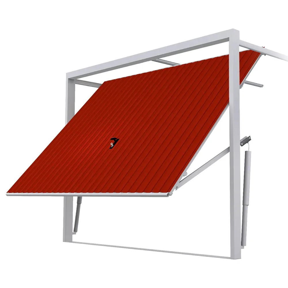 Kantelgaragepoort geopend naar boven met zichtbaar stalen frame en hefmechanisme.