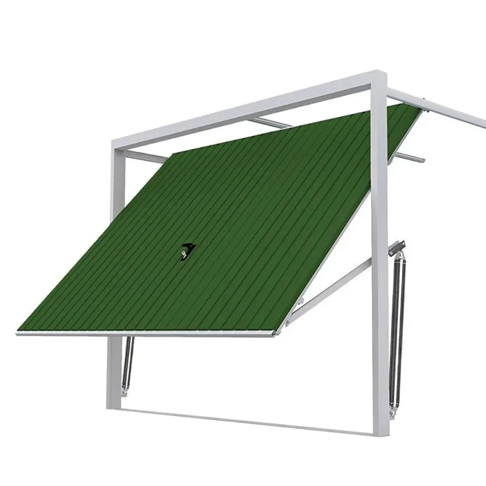 Kantelgaragepoort geopend naar boven met zichtbaar stalen frame en hefmechanisme.