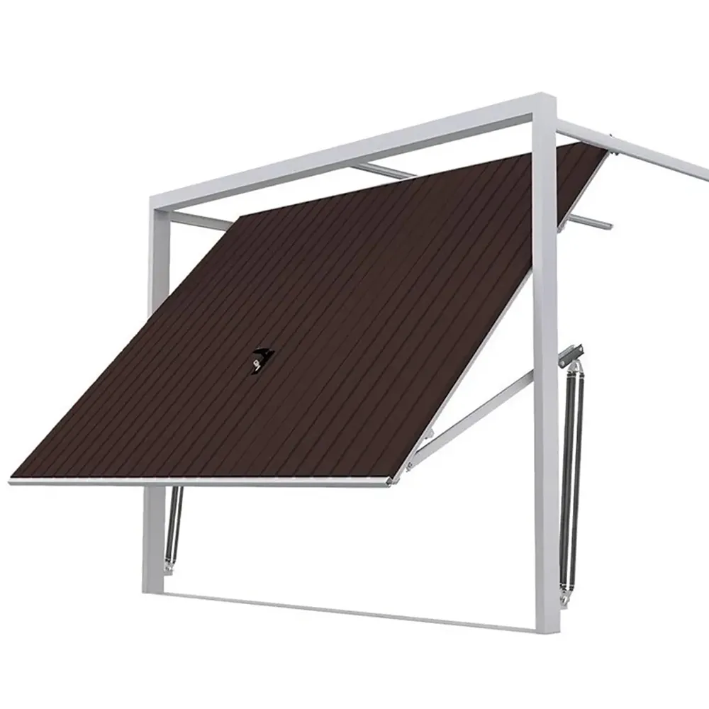Kantelgaragepoort geopend naar boven met zichtbaar stalen frame en hefmechanisme.