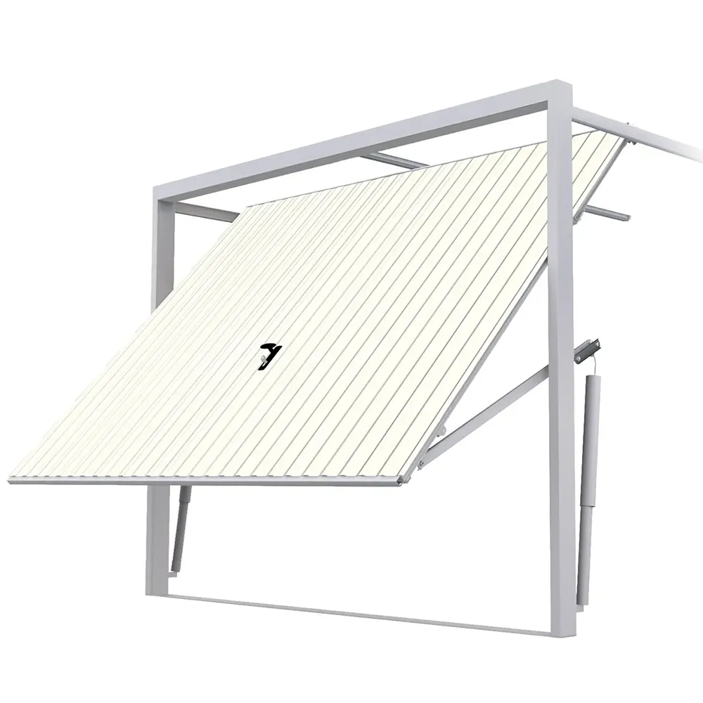 Kantelgaragepoort geopend naar boven met zichtbaar stalen frame en hefmechanisme.