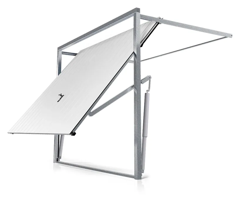 Kantelgaragepoort met verzinkt stalen frame en zichtbaar hefmechanisme in geopende stand.