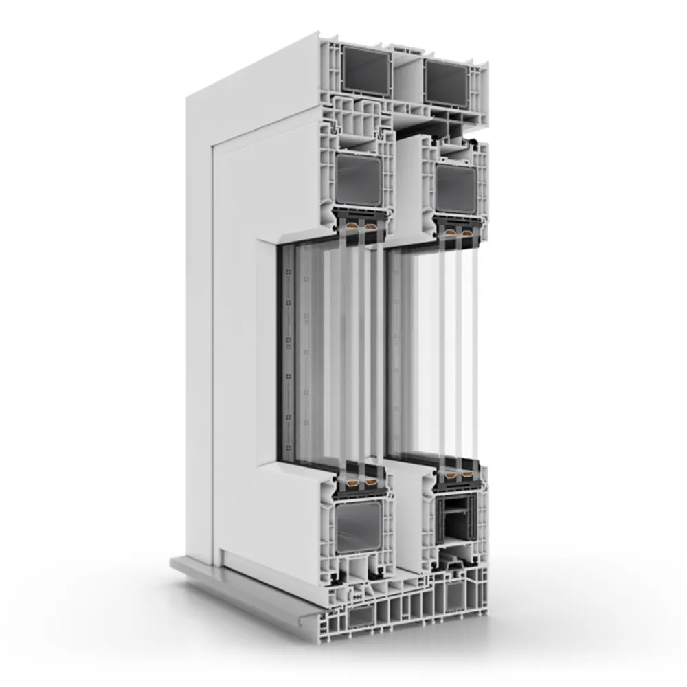 Doorsnede van het HST DECCO schuifdeurprofiel &ndash; PVC-constructie met driedubbele beglazing, hoge thermische isolatie en hef-schuifsysteem.