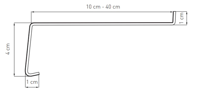 Technische tekening van een aluminium vensterbank met opgegeven afmetingen (diepte 10&ndash;40 cm, hoogte 4 cm).