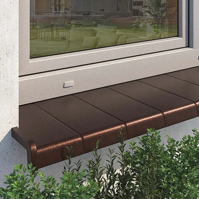 Technische tekening van een aluminium Softline vensterbank met opgegeven afmetingen (diepte 10&ndash;40 cm, hoogte 4 cm)