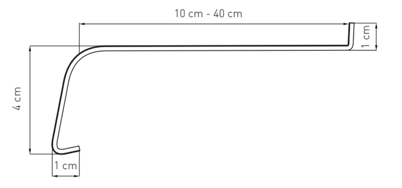 Technische tekening van een aluminium vensterbank met opgegeven afmetingen (diepte 10&ndash;40 cm, hoogte 4 cm).