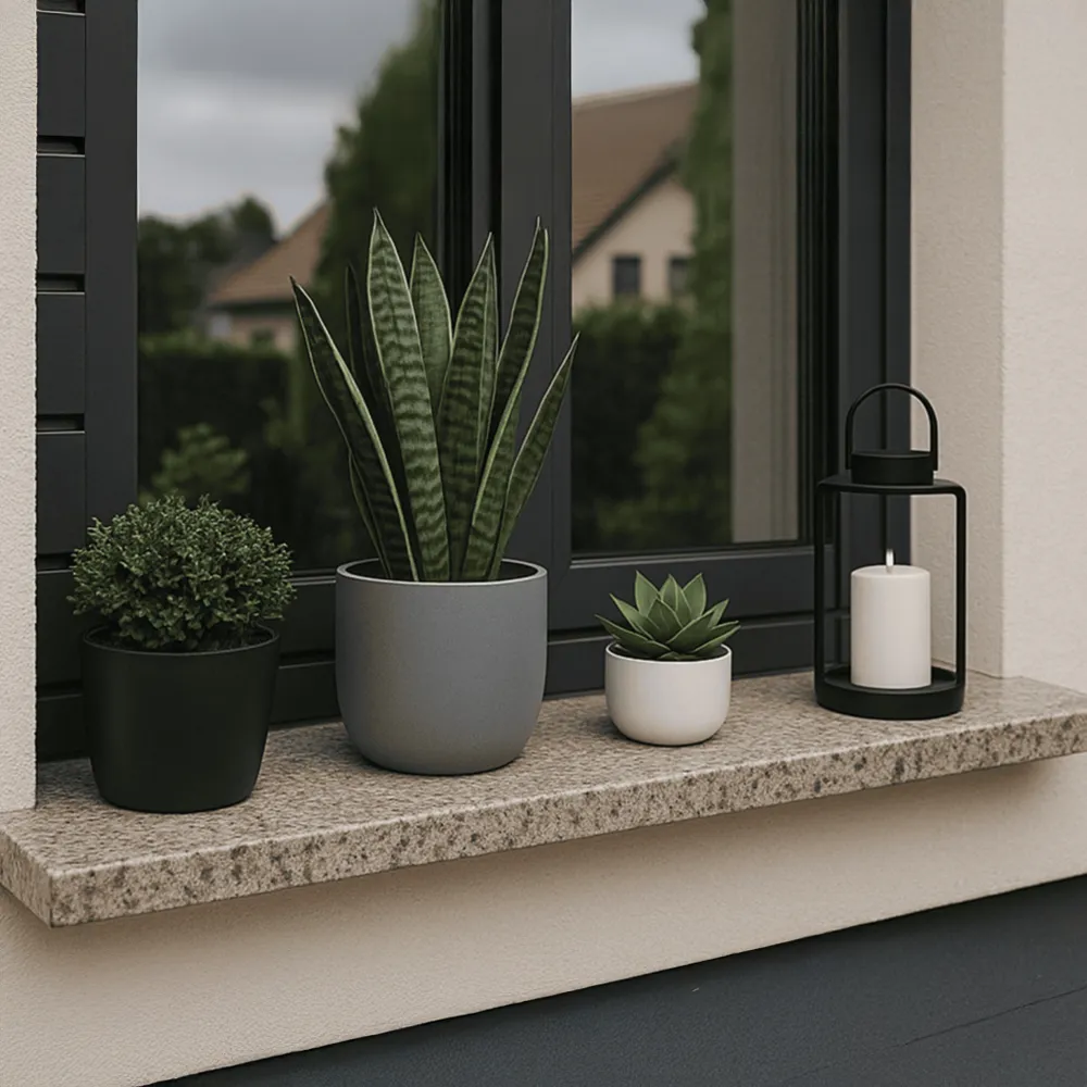 Granieten buitenvensterbank met decoratieve planten en een lantaarn onder een modern raam