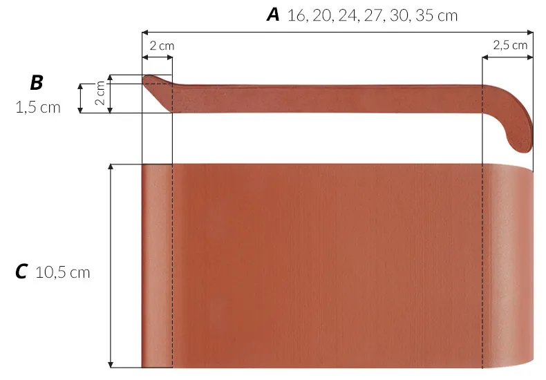 Technische tekening van een keramische vensterbank met opgegeven afmetingen (lengte 16&ndash;35 cm, breedte 10,5 cm, dikte 1,5 cm)