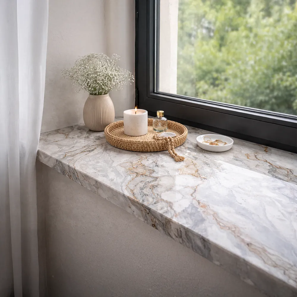 Binnenvensterbank van kwartscomposiet - elegante inrichting van de raamniche met decoraties.