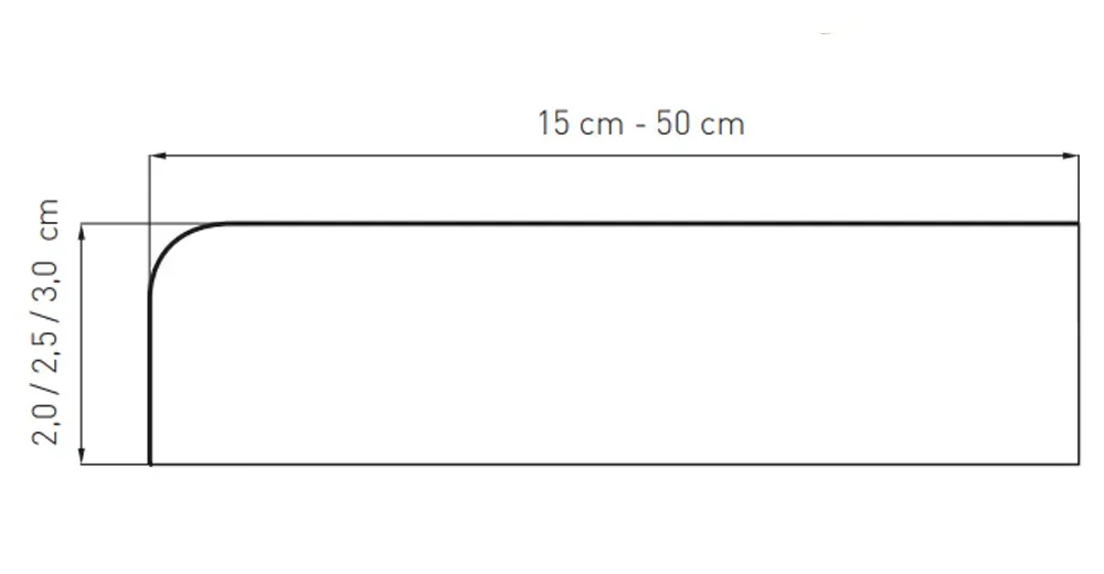 Technische tekening van een MDF binnenvensterbank met de beschrijving &ldquo;MDF vensterbanken voor stijlvolle interieurs&rdquo;