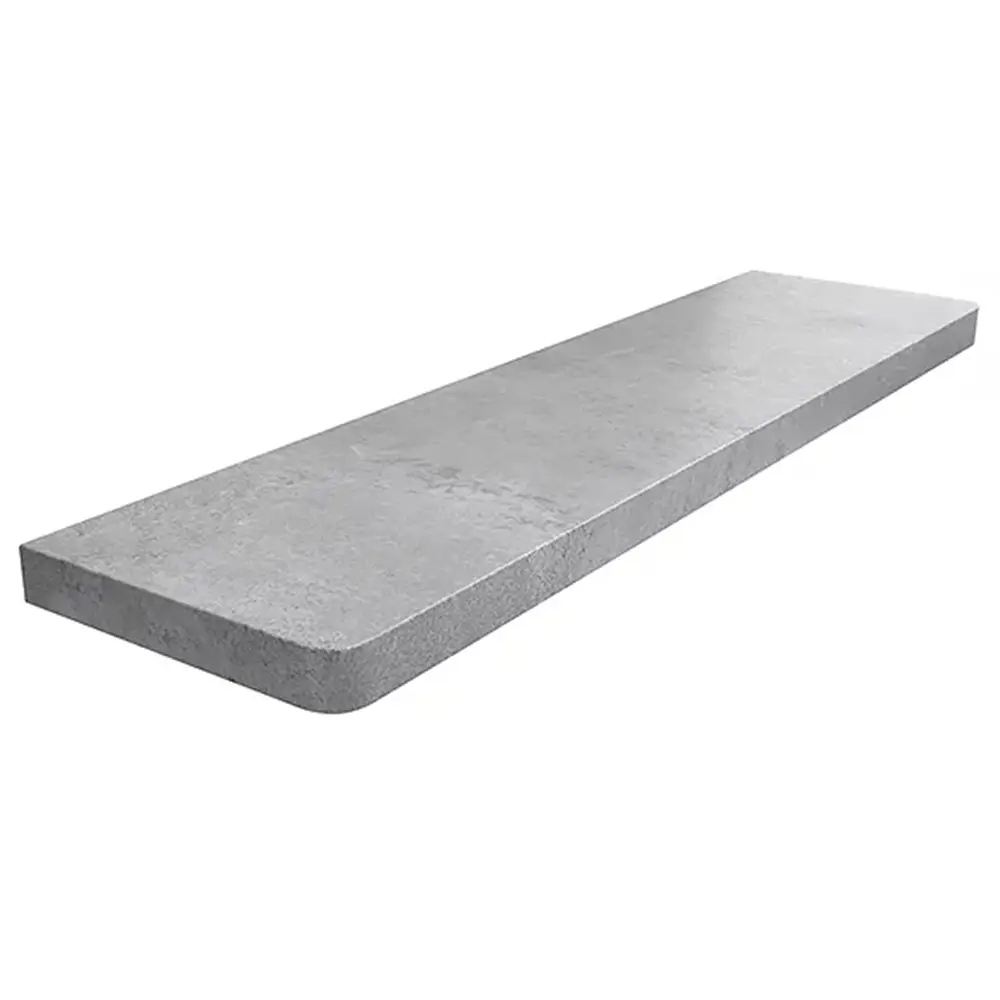 MDF binnenvensterbank, gelamineerd in de kleur Beton, met afgeronde hoeken - productweergave met technische gegevens.