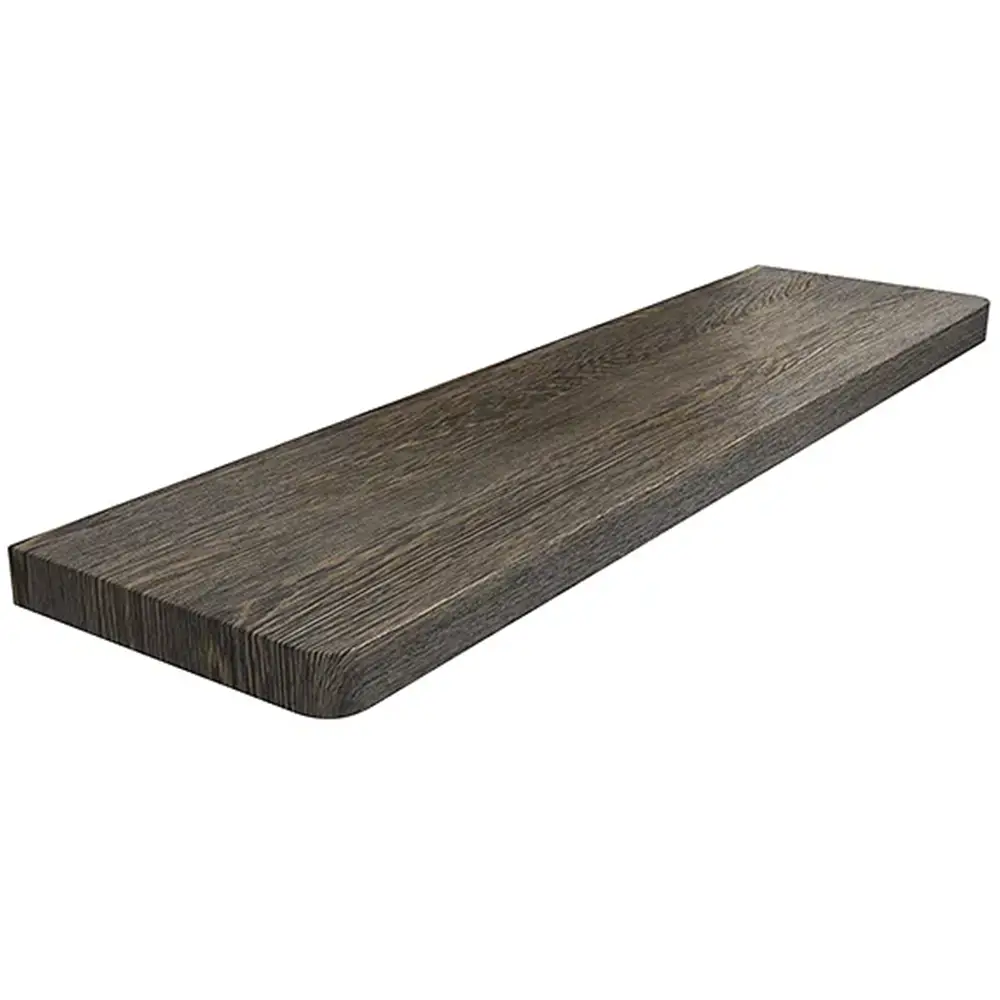 MDF binnenvensterbank, gelamineerd in de kleur Wenge Plank met afgeronde hoeken - productweergave met technische gegevens.