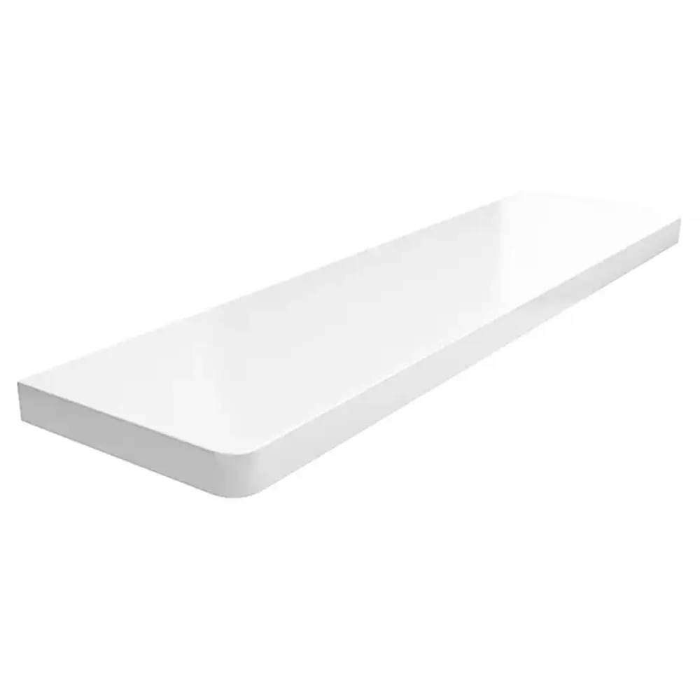 MDF binnenvensterbank, gelamineerd in de kleur Wit Glans met afgeronde hoeken - productweergave met technische gegevens.