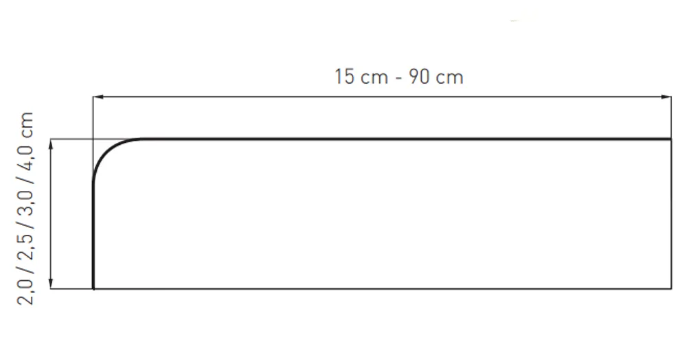 Technische tekening van een MDF binnenvensterbank (breedte 15&ndash;90 cm, dikte 2&ndash;4 cm) met de beschrijving &ldquo;MDF vensterbanken voor stijlvolle interieurs&rdquo;