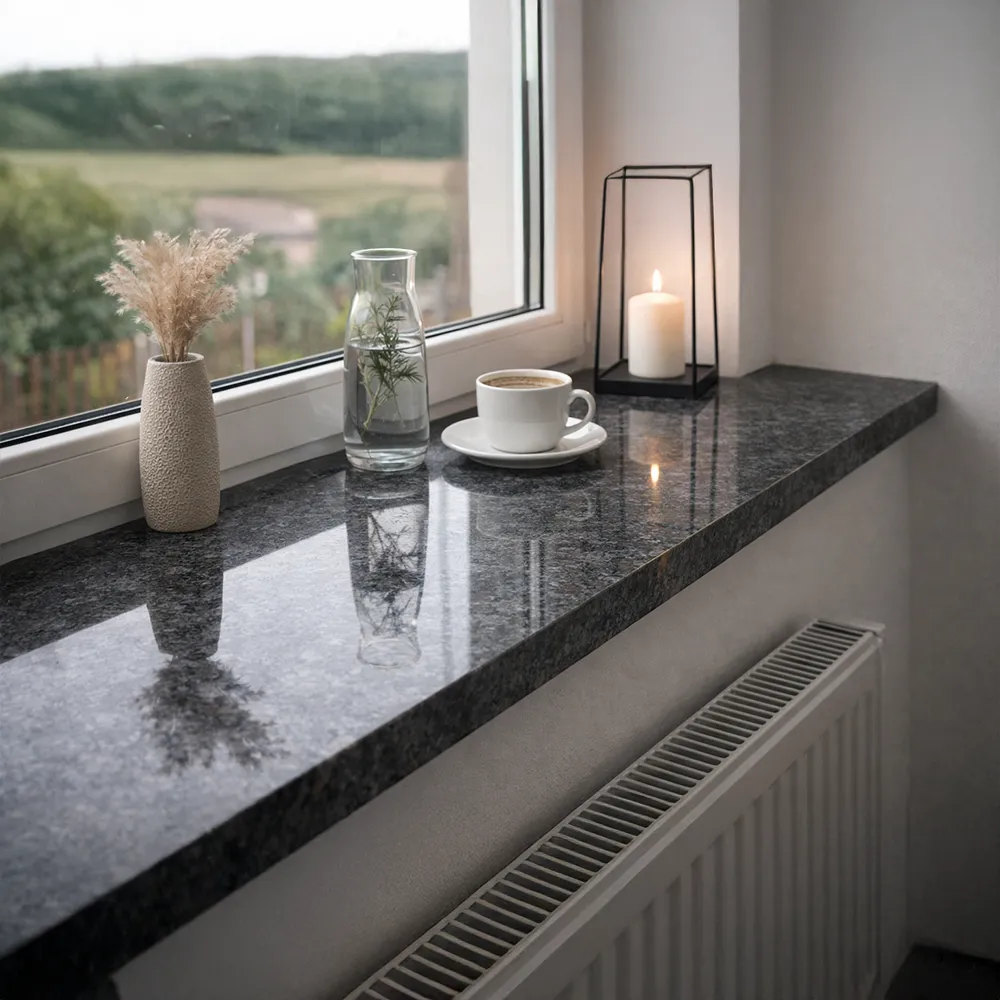Binnenvensterbank van marmercomposiet in een elegante afwerking &ndash; inrichting van de raamniche met decoraties.