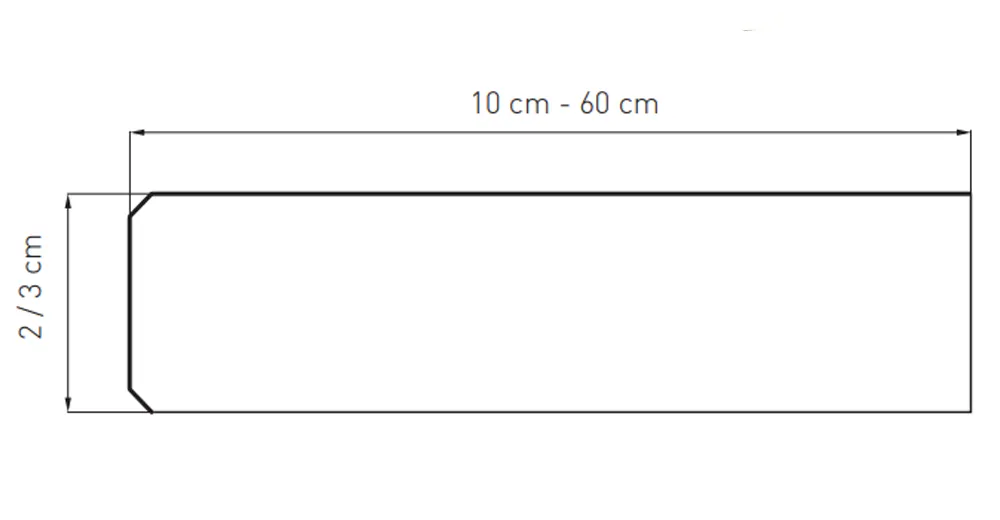 Vensterbank van composiet - schema van de afmetingen en productbeschrijving voor gebruik binnenshuis.