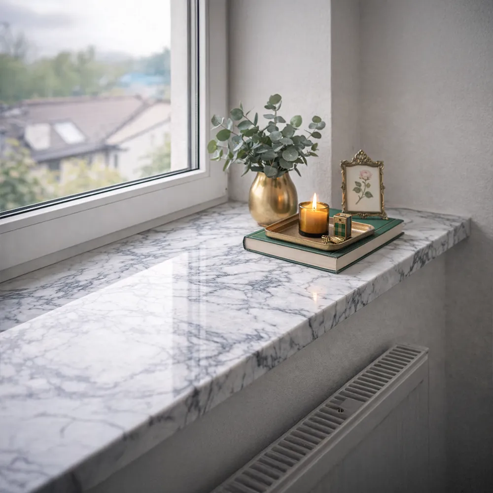 Marmeren binnenvensterbank - elegante inrichting van de raamniche met decoraties.