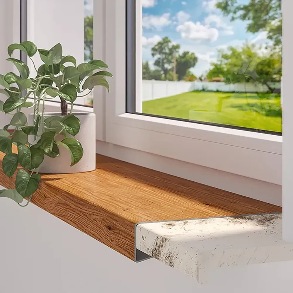 Overzetvensterbank in houtdecor gemonteerd op een bestaande vensterbank - een esthetische vernieuwing van de raamniche zonder demontage.