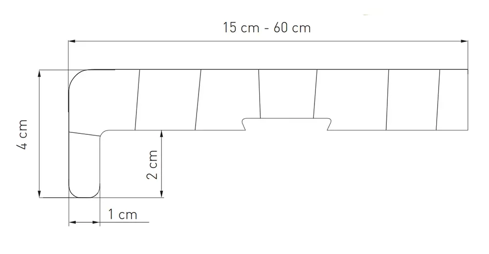 Technische tekening van een PVC binnenvensterbank (breedte 15&ndash;60 cm) met afmetingen en doorsnede &ndash; duurzame vensterbank voor binnengebruik.